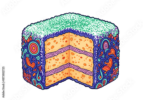 Colorful lamington cake slice with vibrant patterns and layers  