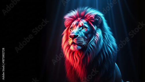 Majestic lion with glowing mane in vibrant neon reds and blues  