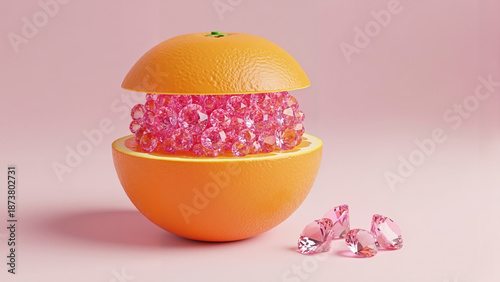 Halved orange filled with pink crystals on pink background  