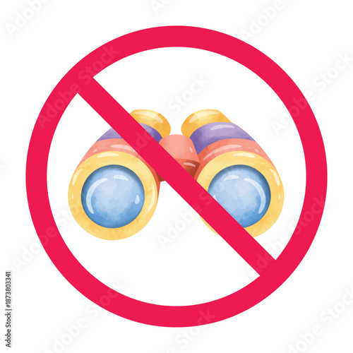 No binoculars sign, forbidden sign with binoculars icon, do not spy symbol, spying prohibited sign, no peeping sign 
