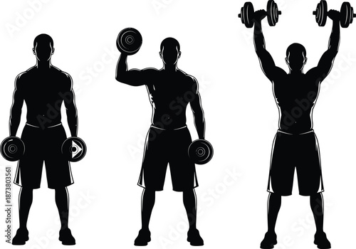 Black and white vector silhouette of muscular bodybuilder performing standing dumbbell overhead press exercise sequence for gym and fitness training concepts.