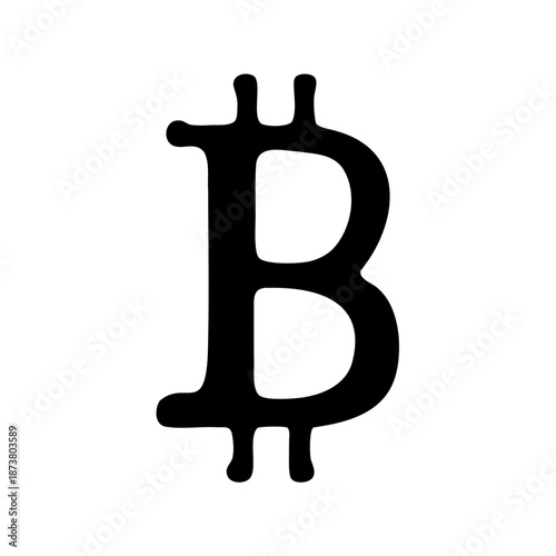 Bitcoin symbol in black on a white background is presented here