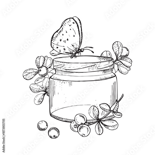 Black and white vector illustration of a jar with taiga berries and a butterfly. Hand-drawn ink engraving style. Suitable for labels, packaging, herbal products, logos, prints, and botanical designs.