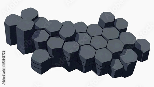 A cluster of dark grey hexagonal 3D blocks arranged in a honeycomb pattern on a white background