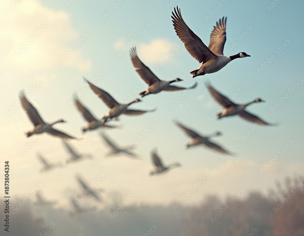 Fototapeta premium Canada geese fly in V formation across blue sky. Birds migrating south for winter, showing teamwork and natural instinct in their journey. Wings beat as they travel.