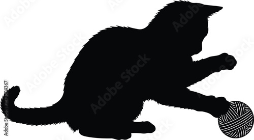 Playful Black Cat Silhouette with Yarn Ball