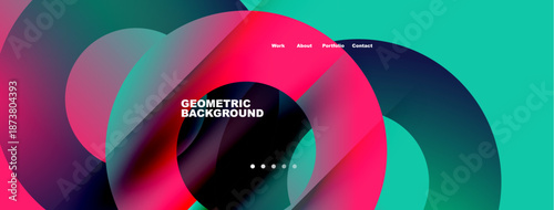 Abstract colorful design. Overlapping shapes create dynamic visual impact. Text elements present website navigation options. Modern aesthetic.
