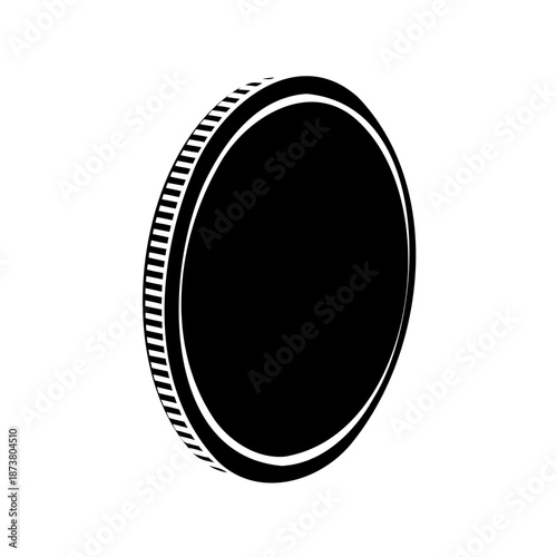 Black and white illustration of a coin standing upright on its edge