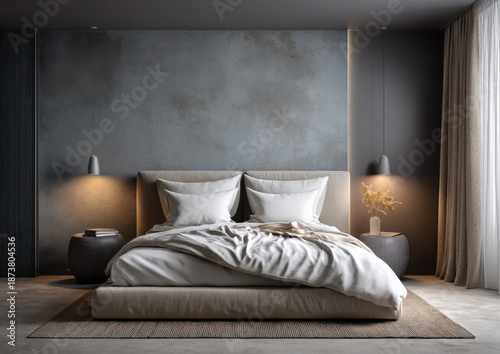 Modern Bedroom Mockup with Soft Pink Wall and Elegant Arched Mirror