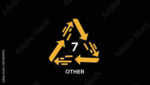 Recycling symbol with broken arrows and the number 7 on a black background