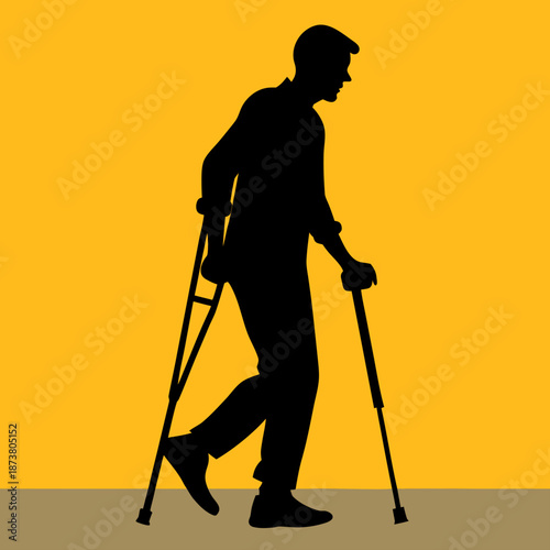 Injured Man Walking with Crutches Silhouette Illustration