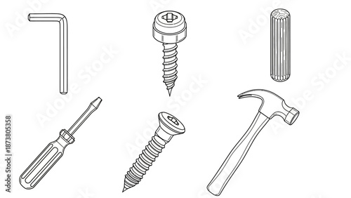 Assorted tools including hammer, screwdriver, and wrench arranged on a plain white background