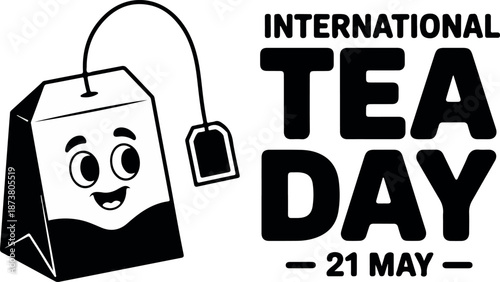 International Tea Day Illustration – Tea Bag Vector Graphic. Happy International Tea Day Design – May 21 Tea Art. Editable International Tea Day Vector for Designers. Tea Day Holiday Vector Mascot