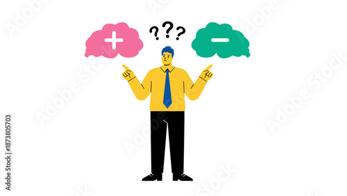 A cartoon man weighing pros and cons with thought bubbles above his head