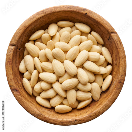 Blanched almonds in a small wooden bowl isolated on a transparent background.
