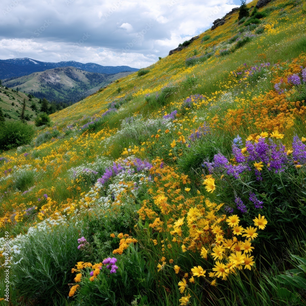 Obraz premium Colorful alpine wildflowers on a serene mountain meadow under cloudy sky