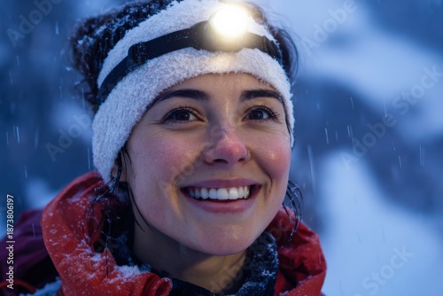Smiling young caucasian female hiker with headlamp in snowy mountain terrain