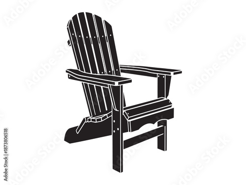 Black and white image of a classic wooden adirondack chair
