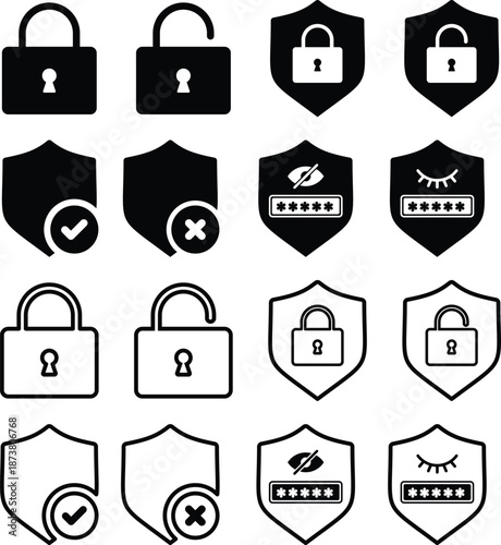 Security Protection Shield and Lock Icon Set