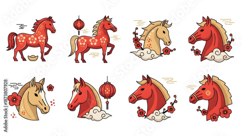 Chinese Zodiac Horse Illustrations Festive Lunar New Year Vector Set