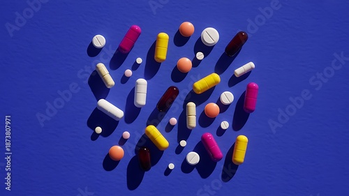 Colorful pills and capsules scattered on textured blue surface