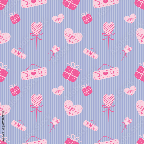 Heart, gift box, tag, and candy seamless pattern on a striped blue background. Valentine concept. For the card, fabric, and wrapping paper.