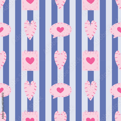 Heart, calendar, and speech bubble seamless pattern on a striped blue background. Valentine concept. For the card, fabric, and wrapping paper.