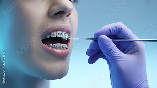 Orthodontic braces on patients teeth dental examination