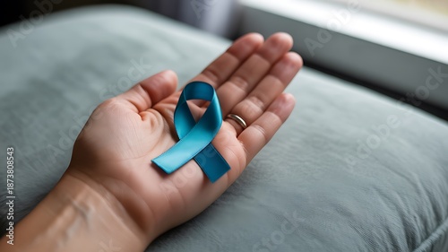 Teal awareness ribbon in persons hand support