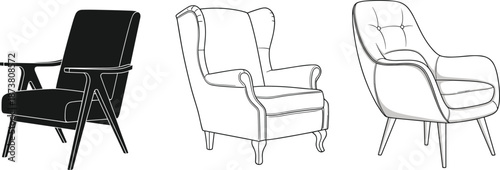 Set of three vector armchairs featuring mid-century, wingback, and modern designs in silhouette and outline styles for home decor.