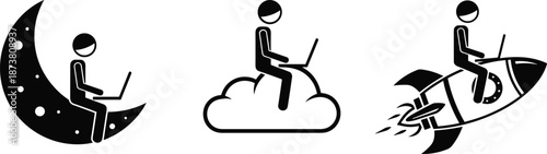 Remote work concept icons showing people using laptops on moon cloud and rocket symbolizing flexible digital lifestyle and creative online productivity