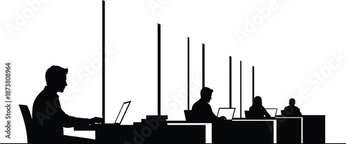 Corporate office silhouette showing employees working on laptops at desks in open workspace environment representing modern business and professional teamwork concept
