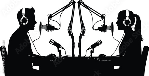 Podcast interview silhouette of man and woman recording radio show with microphones headphones in professional audio studio illustration