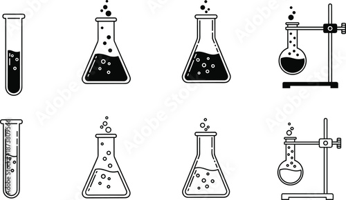 Vector icon set of chemistry laboratory glassware including test tubes and flasks with bubbles in black silhouette and outline styles.