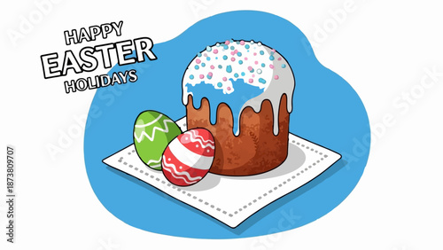Festive Easter cake and decorated eggs on a napkin with holiday greeting