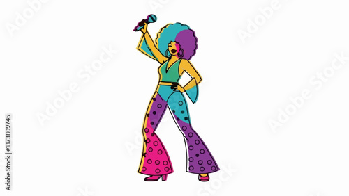 Disco singer with voluminous afro hair in a vibrant, patterned outfit holds microphone