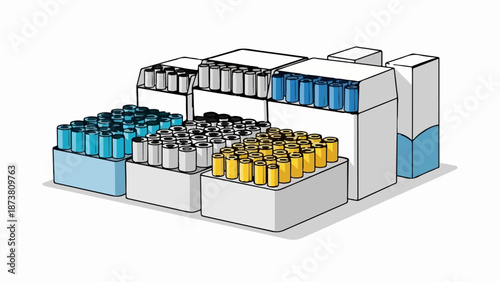 Display of cylindrical containers in multiple colors arranged on tiered shelving