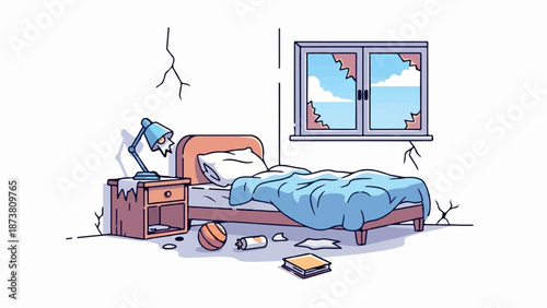 Disheveled bedroom with broken window and scattered items