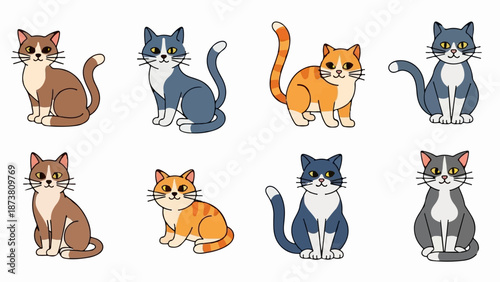 Eight cartoon cats of various colors and patterns sitting and looking forward