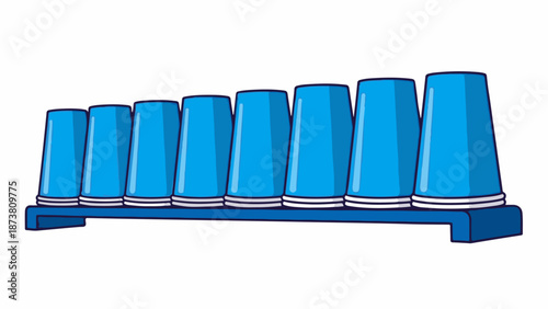 Eight blue cups stacked in ascending order on a blue platform