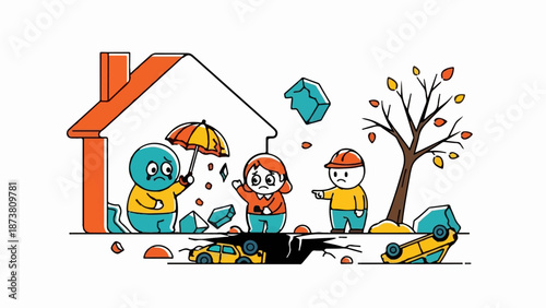 Distressed figures react to a chaotic scene of falling debris, cracked earth, and overturned vehicles