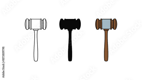 Four different colored gavel icons on a white background for legal concepts