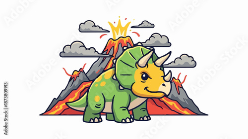 Cute triceratops dinosaur near a vibrant, erupting volcano with clouds