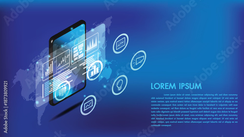 Tech Innovations: A modern illustration showing an isometric smartphone interface showcasing data analytics, business metrics and global connectivity.