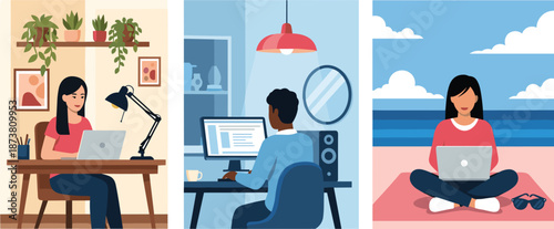 People working remotely in different locations including home office and beach using laptops modern freelance and digital nomad lifestyle illustration