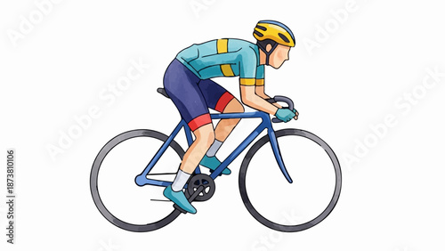 Cyclist wearing a helmet and blue jersey races on a blue bicycle