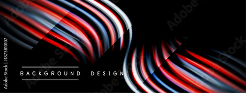 Abstract flowing lines create dynamic visual effect. Red, white, blue hues contrast against black background. Modern design element.