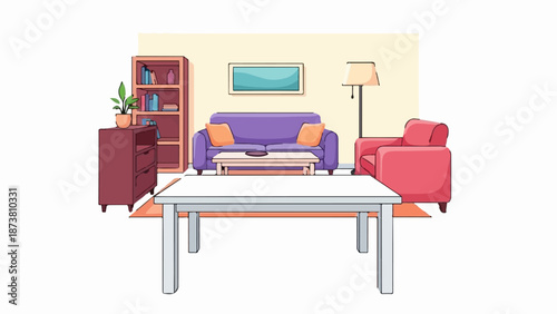 Cozy living room with purple couch, red armchair, and coffee table
