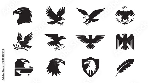 Collection of black eagle vector silhouettes and emblems featuring bald eagle heads, flying birds, falcon shapes, and heraldic symbols for American logos, mascots, and patriotic tattoo designs.