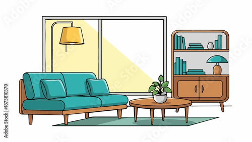 Cozy living room with teal couch, coffee table, bookshelf, and window